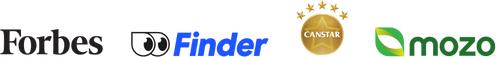 Forbes logo, Finder logo, Canstar logo, & Mozo logo
