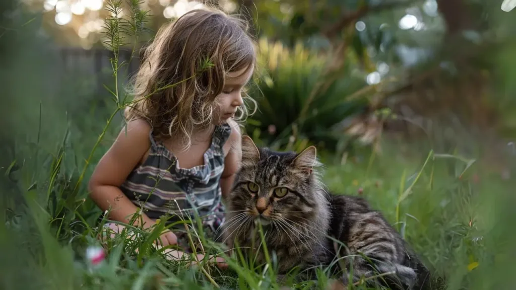 a girl taking care of her senior cat and resting on the grass