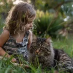 a girl taking care of her senior cat and resting on the grass