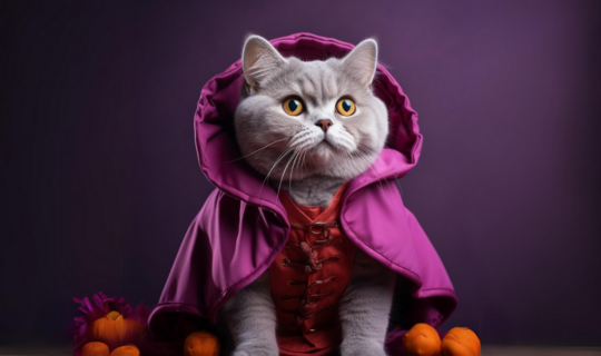 a grey cat dressed in a purple cape as a halloween costume