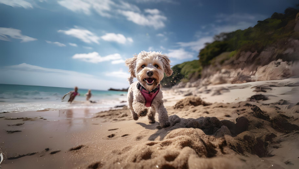 a cavoodle with a pink body leash running on a sandy beach