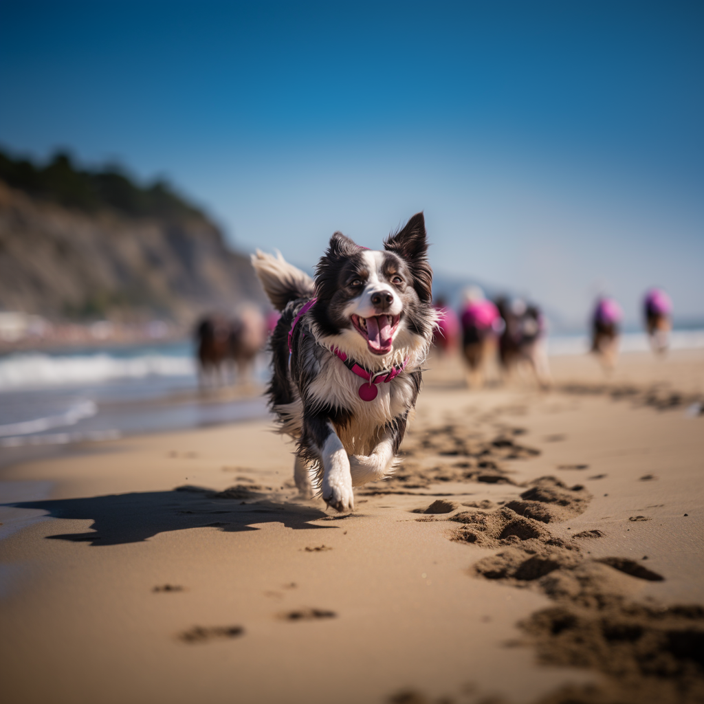 border collie dog with a pink collar running on the sandy beach 