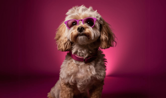 Photo of a Cavoodle with sunglasses in a pink background