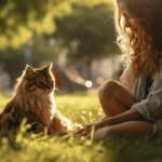 girl playing with her cat in the park
