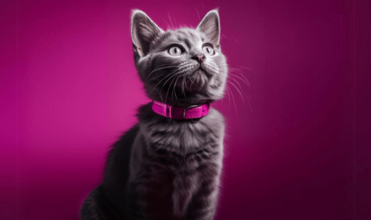 Photo of a Russian Blue Cat in a pink collar in a pink background