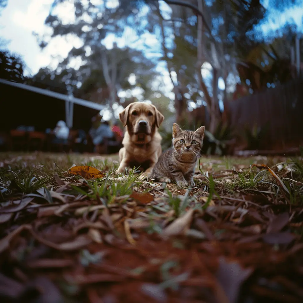 Labrador and kitten laying on the grass