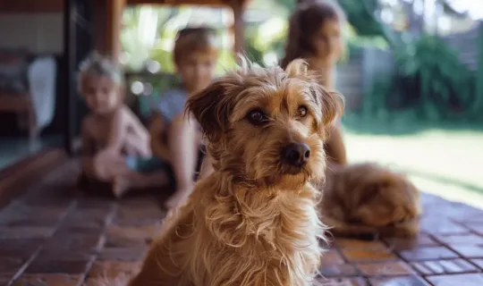 A senior dog sitting with his family on the porch