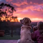 Senior dog Labrador and girl pet owner sitting and watching the sunset - Knose