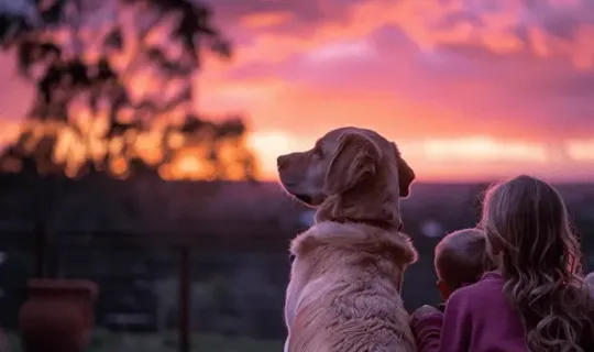 Senior dog Labrador and girl pet owner sitting and watching the sunset