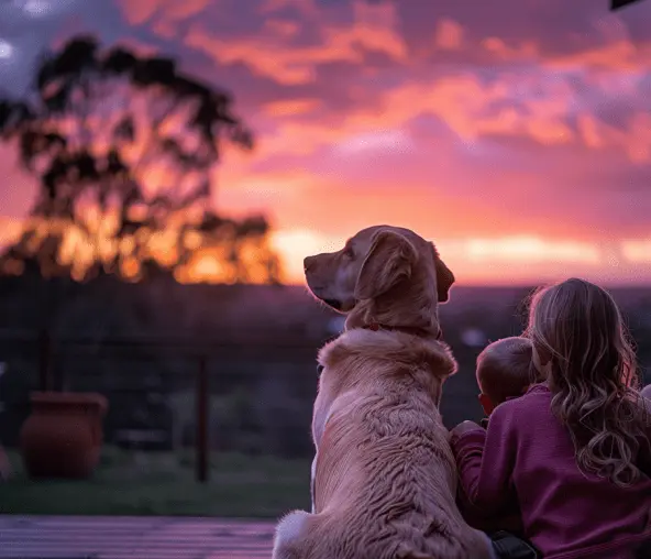 Senior dog Labrador and girl pet owner sitting and watching the sunset