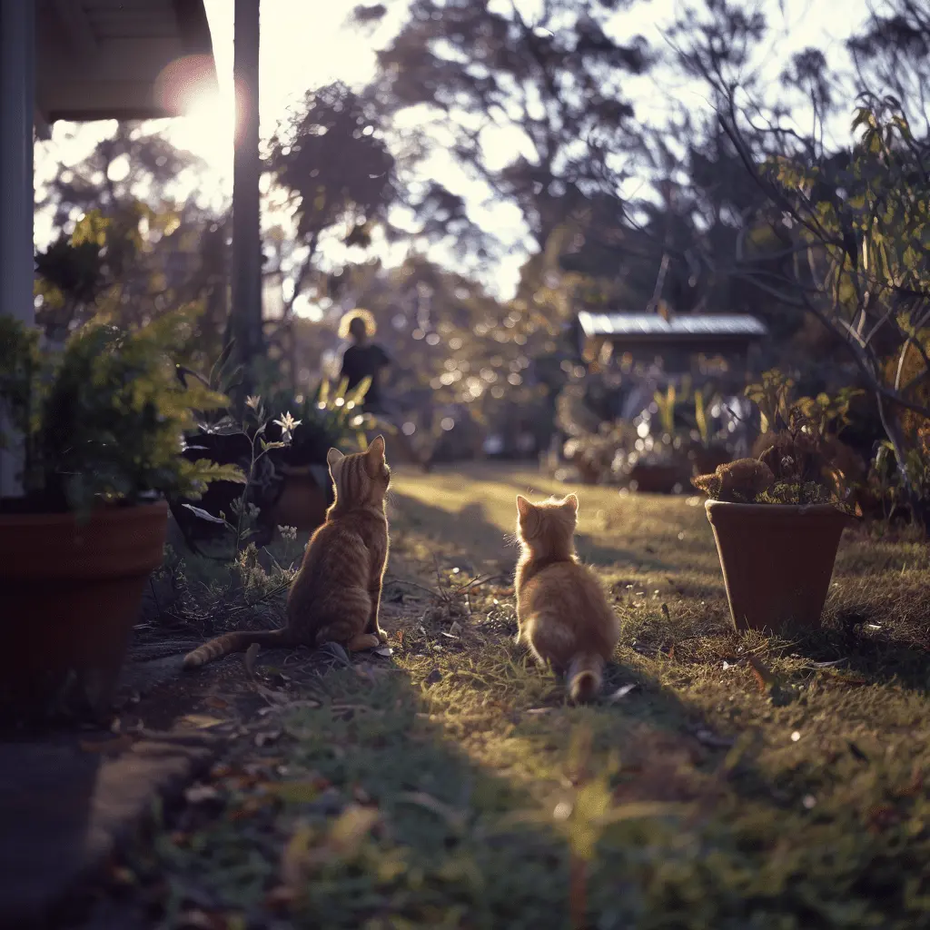 Two kittens sitting on the grass looking at the sunset