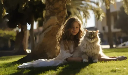 girl and a cat sitting on the grass - knose