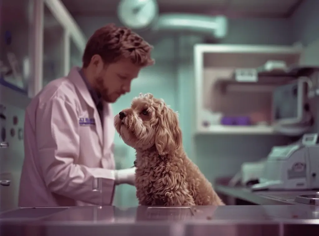 A Cavoodle and a vet during a vet consultation in the clinic - Knose Puppy Insurance