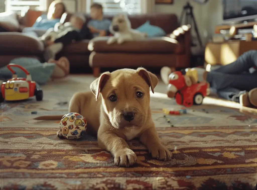 A puppy playing with toys in the living room