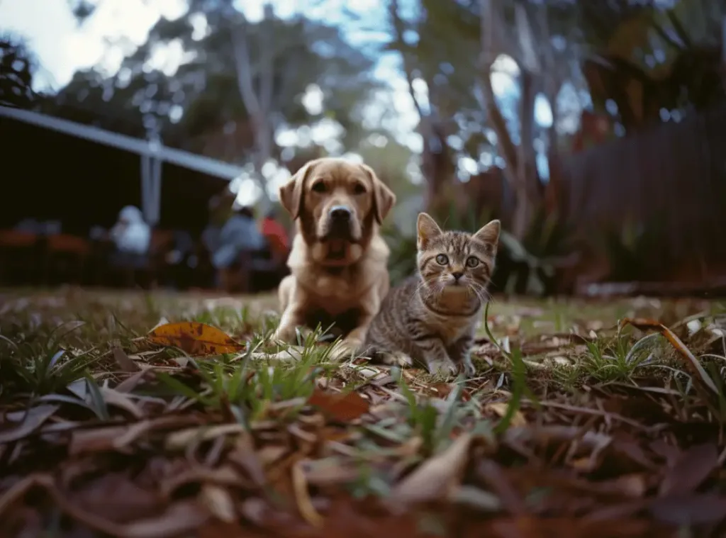 Dog and kitten playing in the grass outdoors - Knose