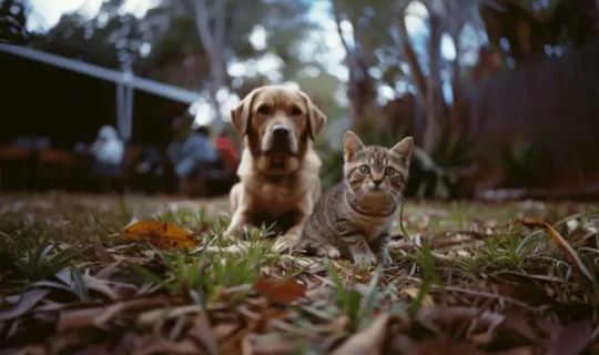 Dog and kitten playing in the grass outdoors - Knose