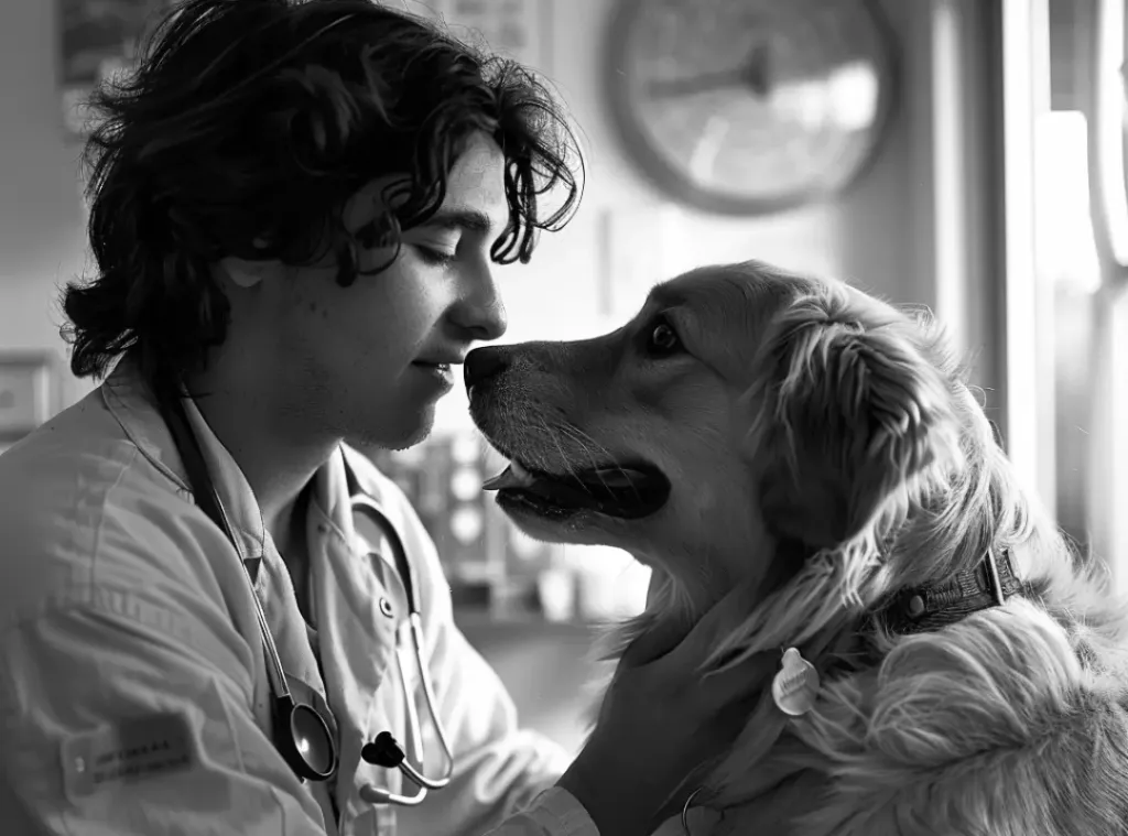 male vet taking care of a golden retriever