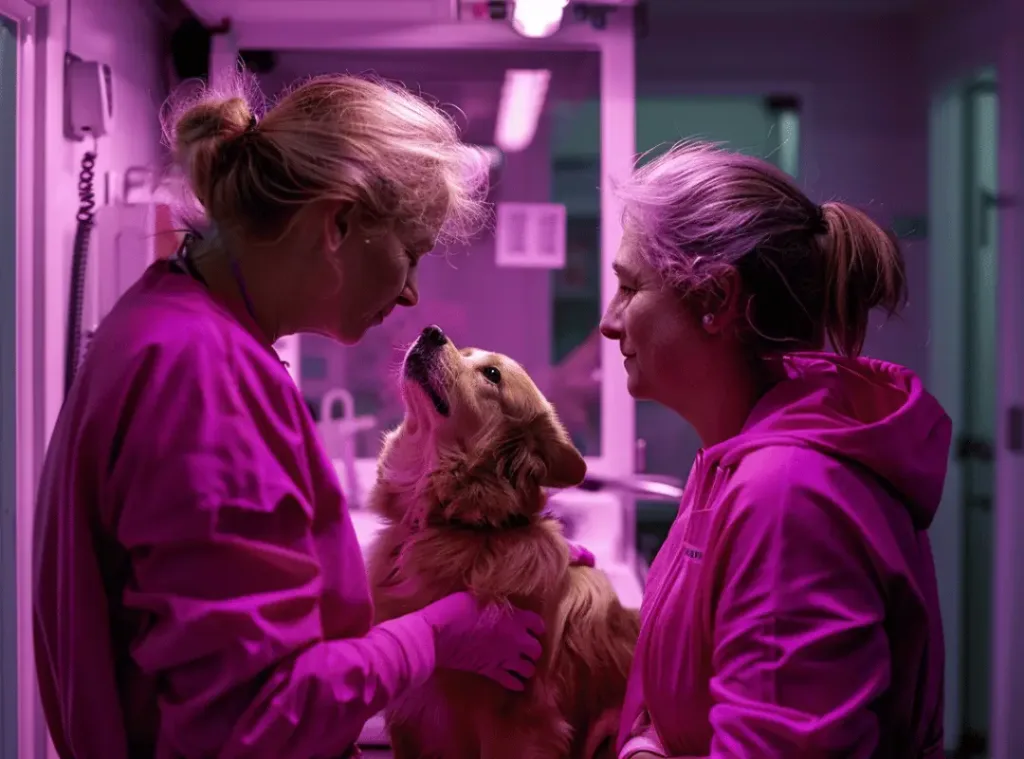 Two female vets taking care of a dog